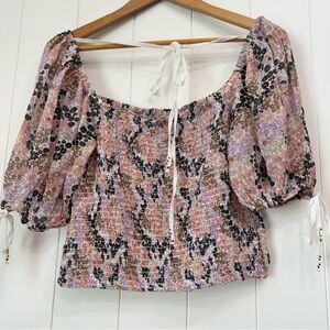 Free People Women’s Back On Top Floral Print Smocked Puff Sleeve Crop Top Size S
